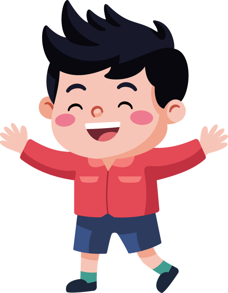 A young boy wearing a red shirt and blue shorts is smiling and waving. png