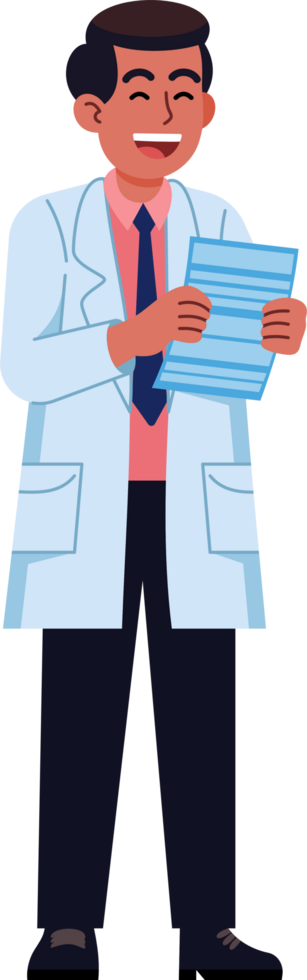 A man in a white lab coat is smiling and holding a piece of paper png