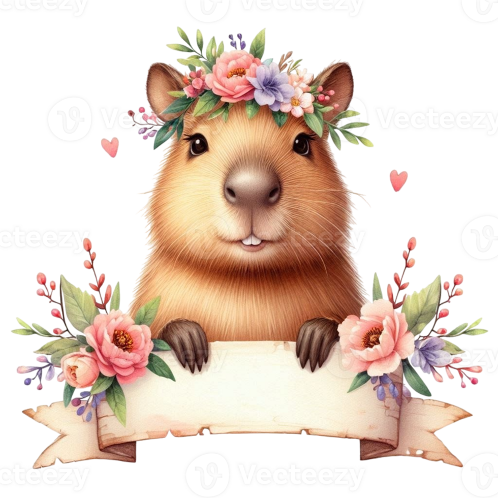 aigenerated a capybara with flowers on its head and a banner png