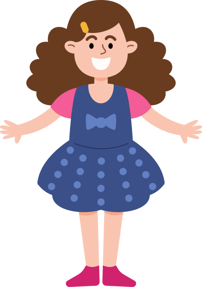 A girl with curly hair is smiling and wearing a blue dress. She is standing and looking at the camera png