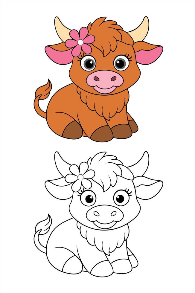 Coloring book for kids baby cow line art illustration vector