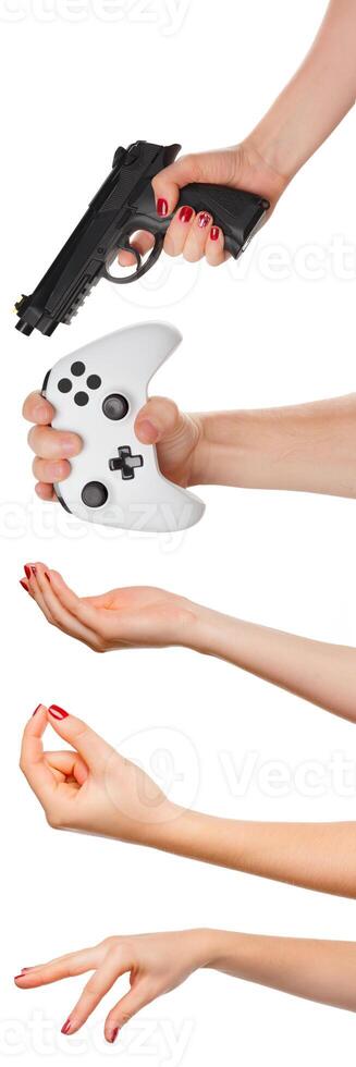 Multiple images set of female caucasian hand with objects isolated over white background photo