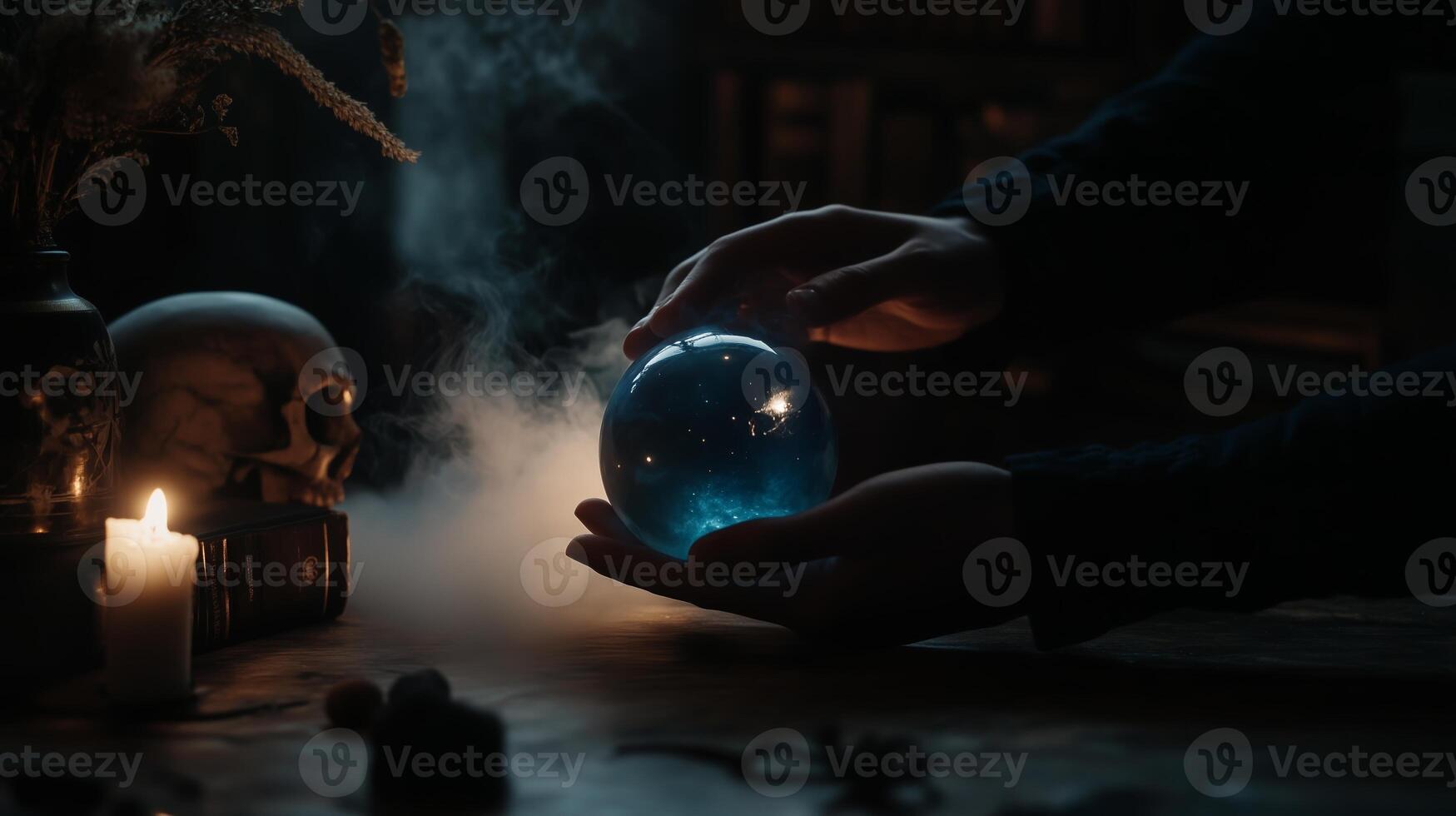 A mystical moment of crystal gazing in a dimly lit room with candles, smoke, and a skull on an old wooden table photo