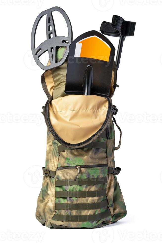 Open military backpack of khaki color on a white background photo