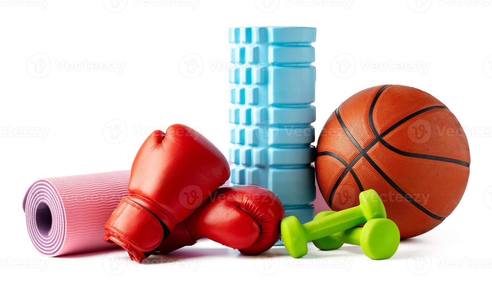 Assorted sports equipment isolated on white background photo