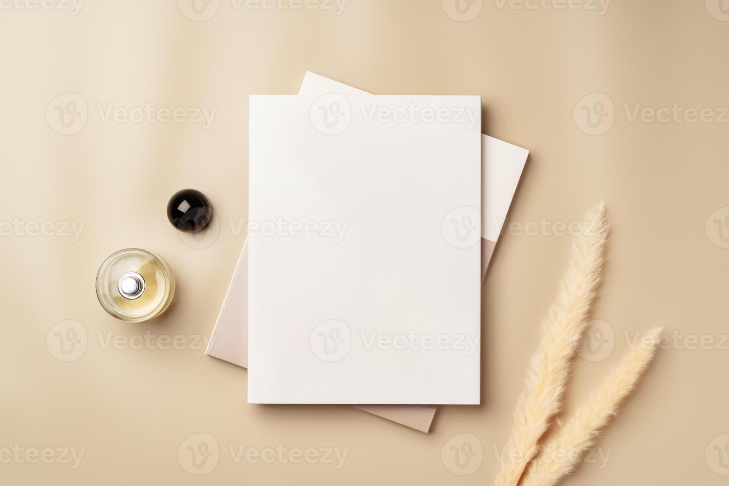 Blank stack of paper on beige background top view photo