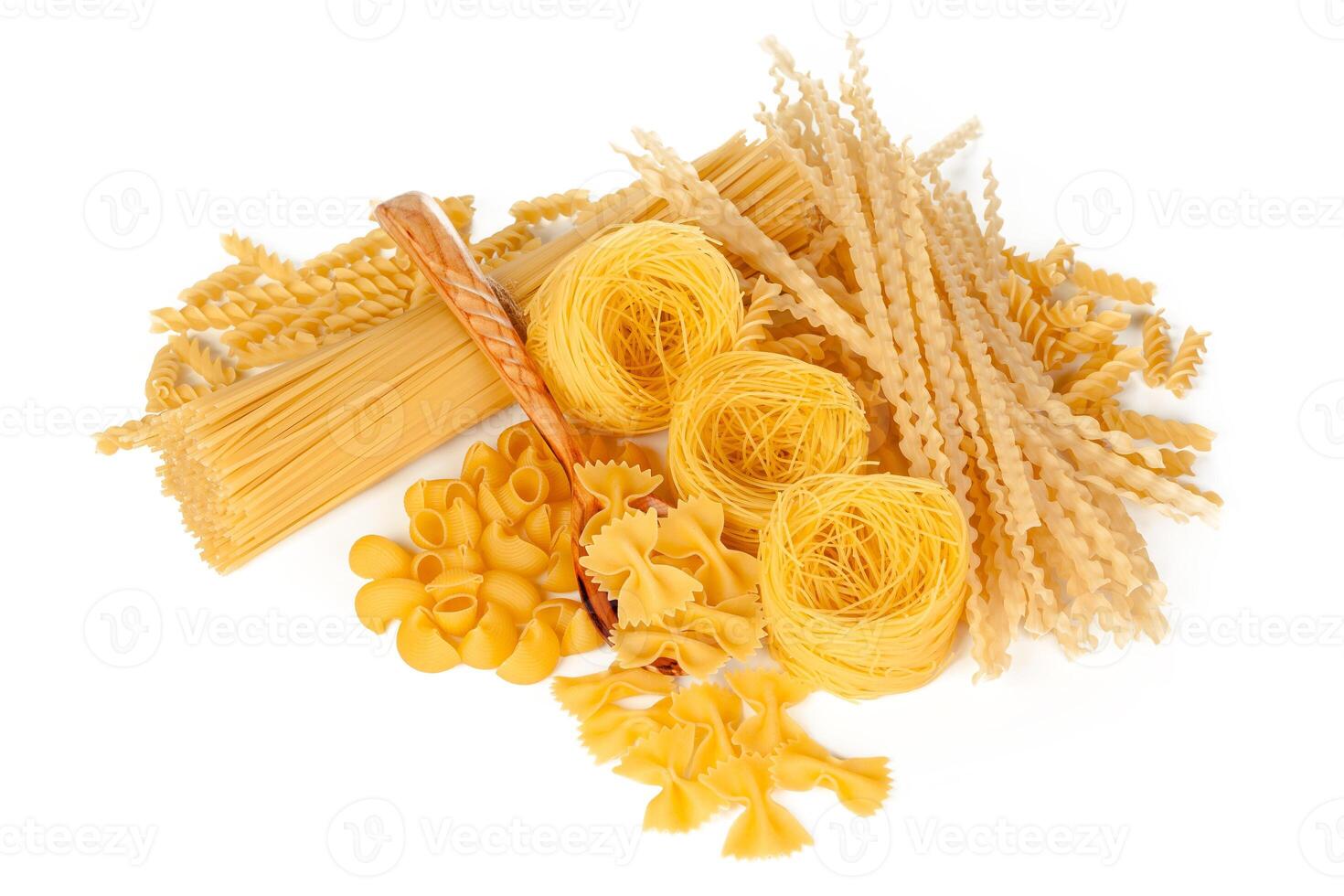 Delicious mixed pasta on white background photo