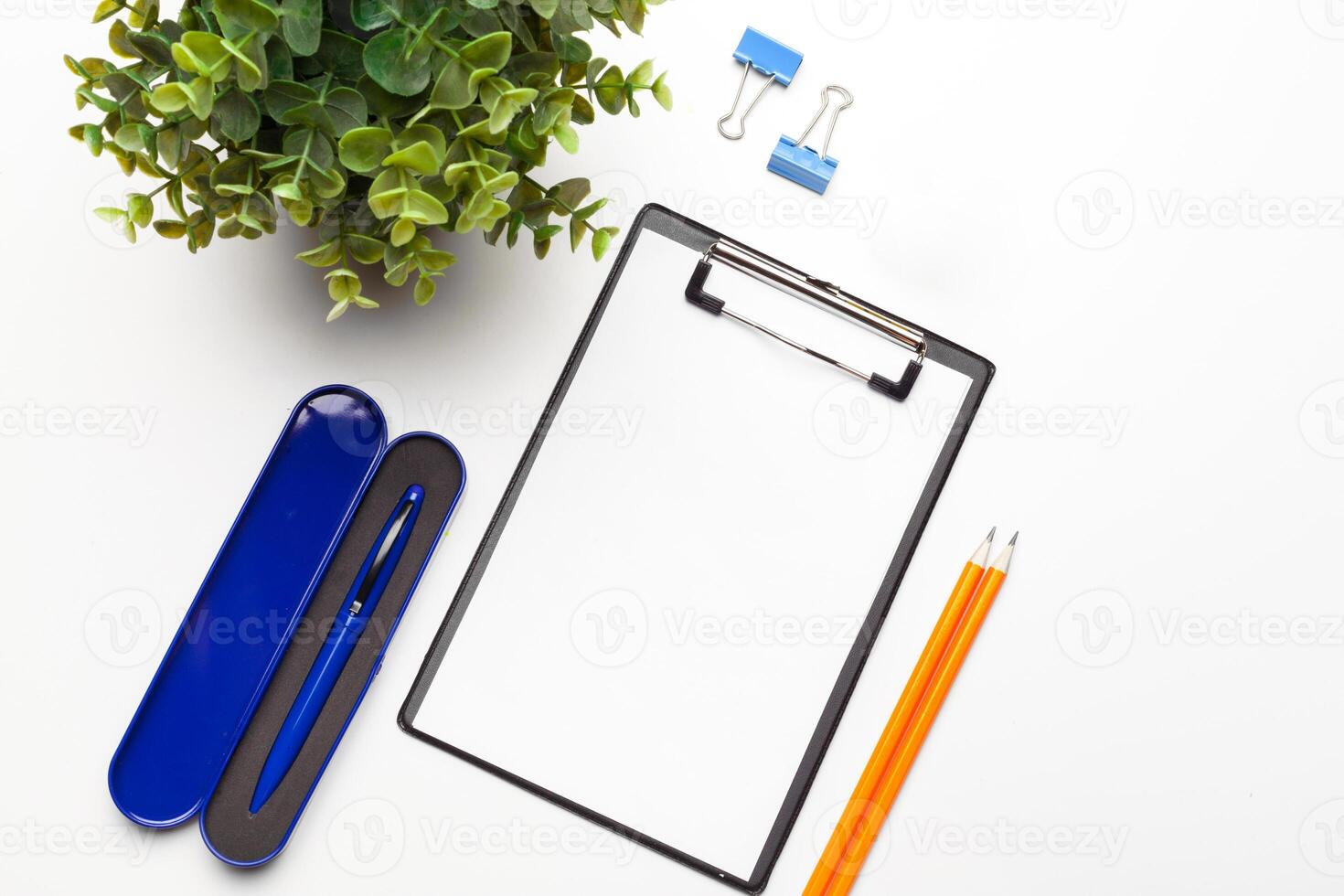 Home office workspace mockup with clipboard. Flat lay, top view. Template for blog, bloger, business photo