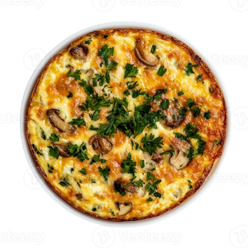 Top view of a round pizza with mushrooms and parsley isolated on a transparent background. png