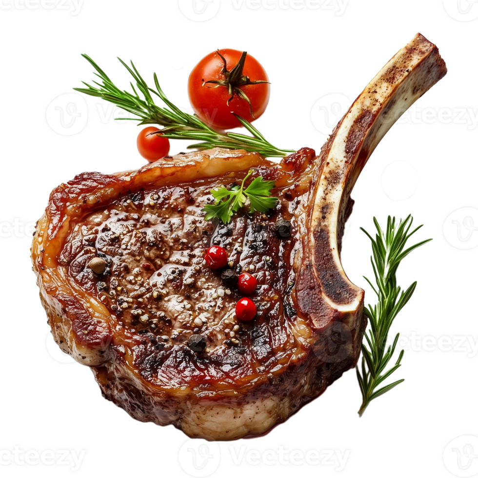 Grilled lamb chops with rosemary and cherry tomatoes isolated on transparent background png