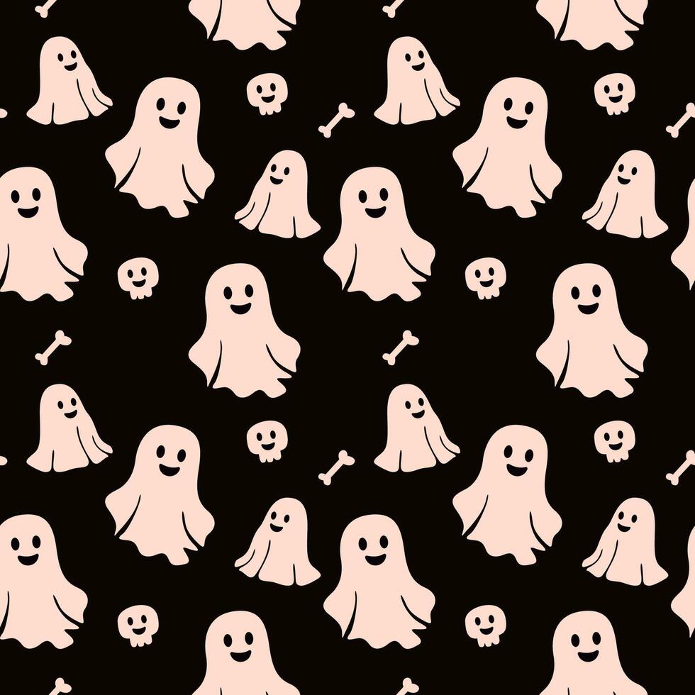 Scary ghosts seamless pattern on dark background for halloween decor, prints, wrapping paper vector