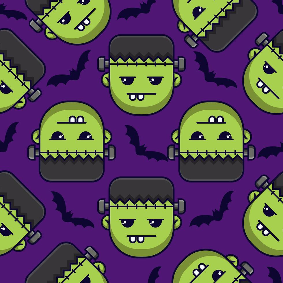 Halloween seamless pattern background with Frankenstein illustration for kids, card Halloween, print vector