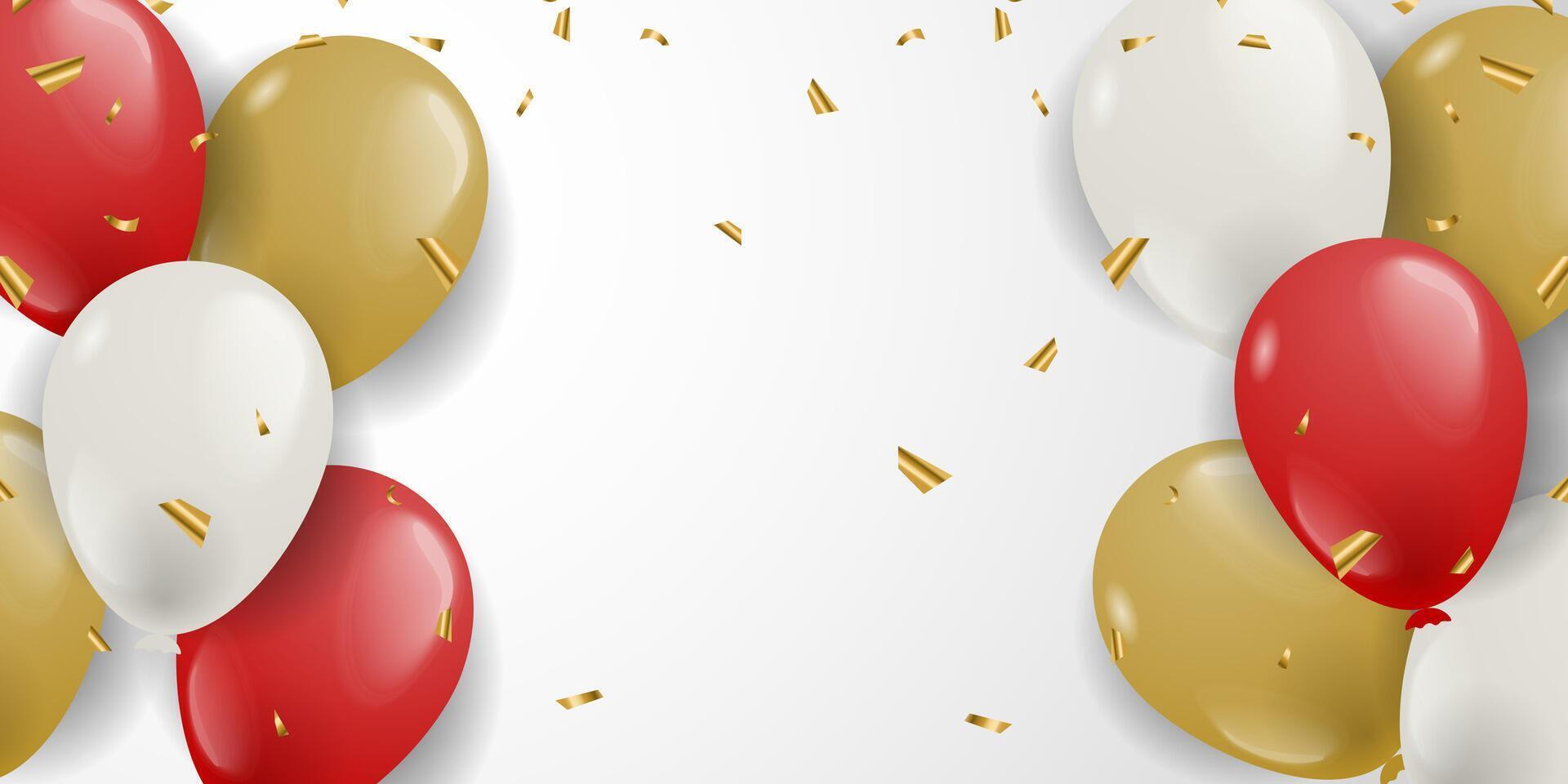 3D realistic balloon luxury background with white, red, gold balloons design and copy space area vector