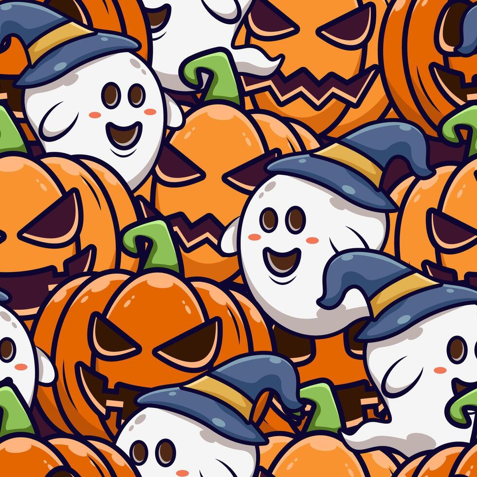 Halloween unique seamless background with pumpkin, ghost character doodle style illustration vector