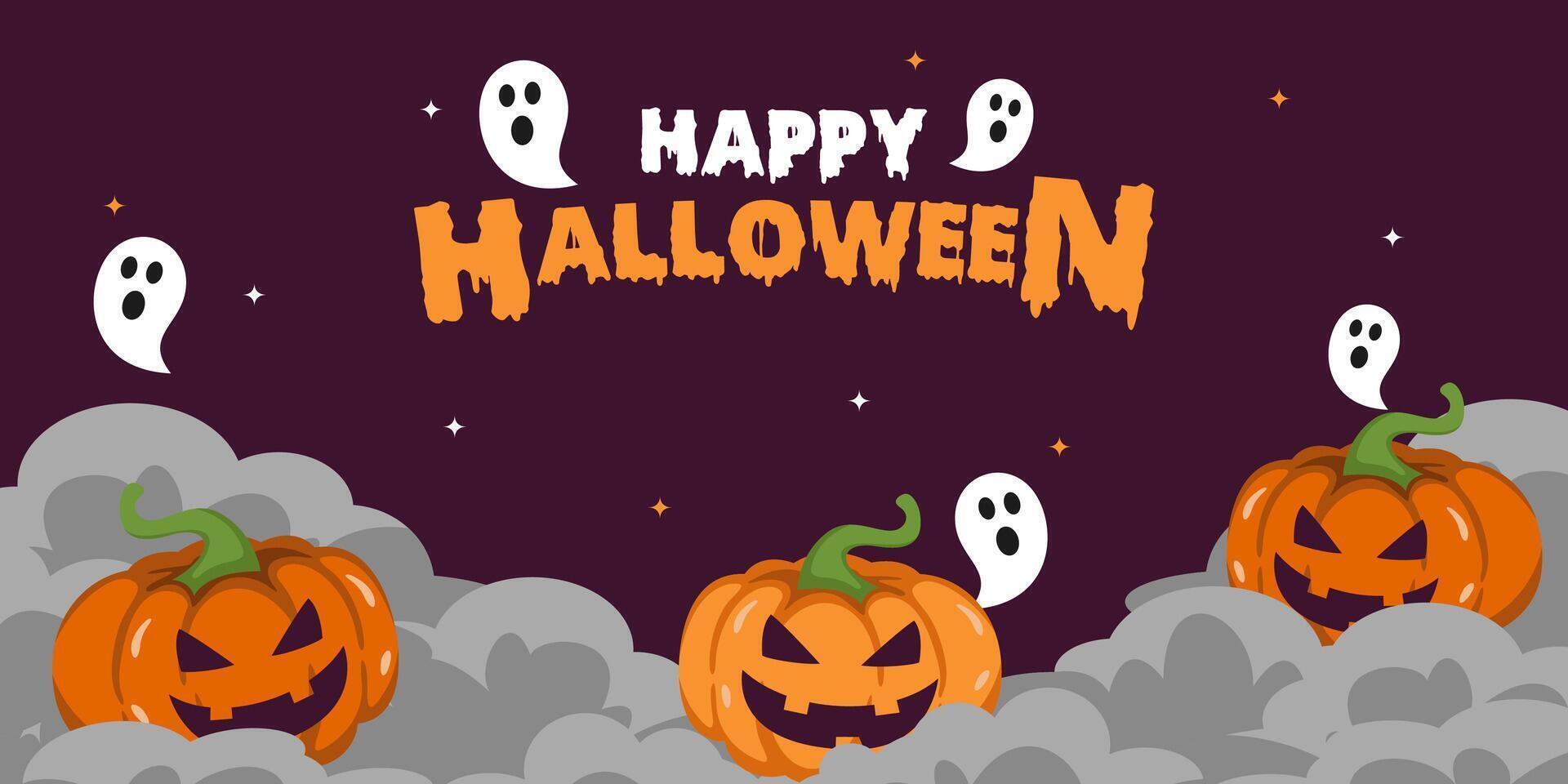 Halloween background with pumpkin and ghost on dark night and clouds background with copy space area vector
