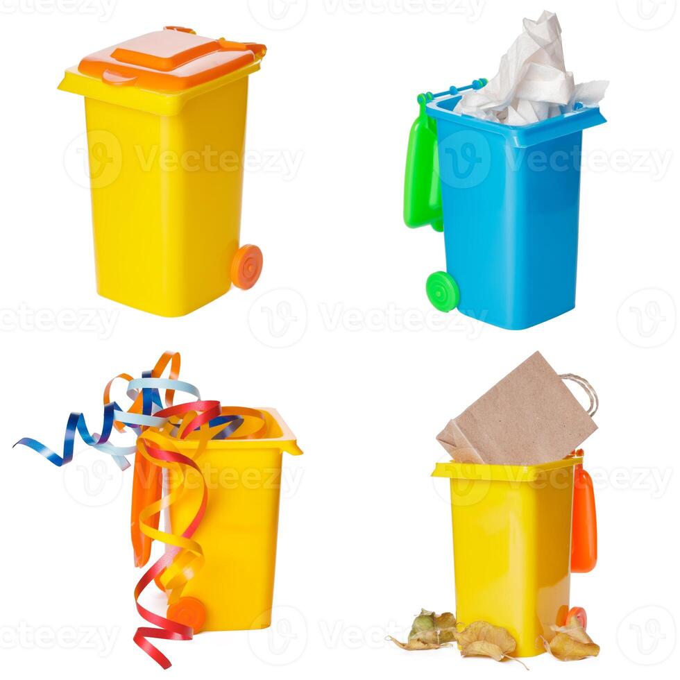 Multicolored Garbage Trash Bins, Recycling Bin, Garbage Bin waste isolated on white background photo