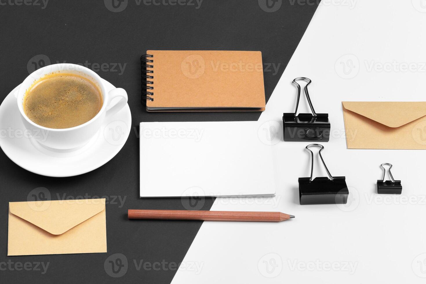 modern hipster style stationery mockup with various paper items, office supplies photo