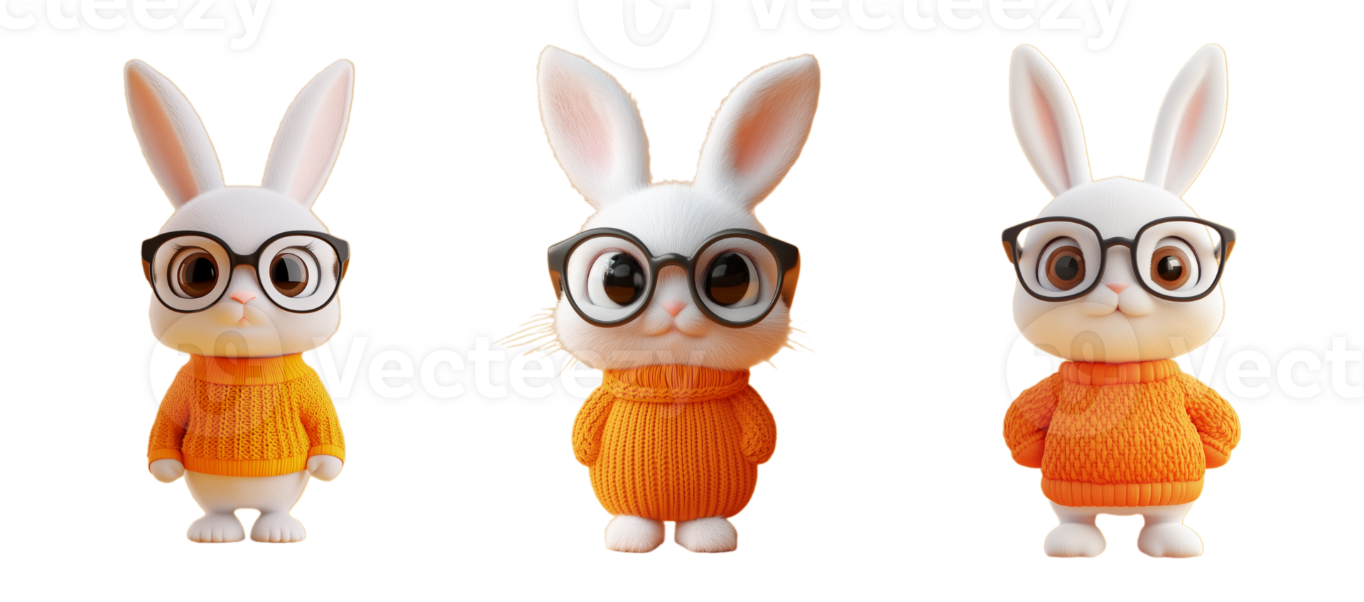 Rabbit doll wearing glasses and sweater isolated on transparent background. 3d rendering. png
