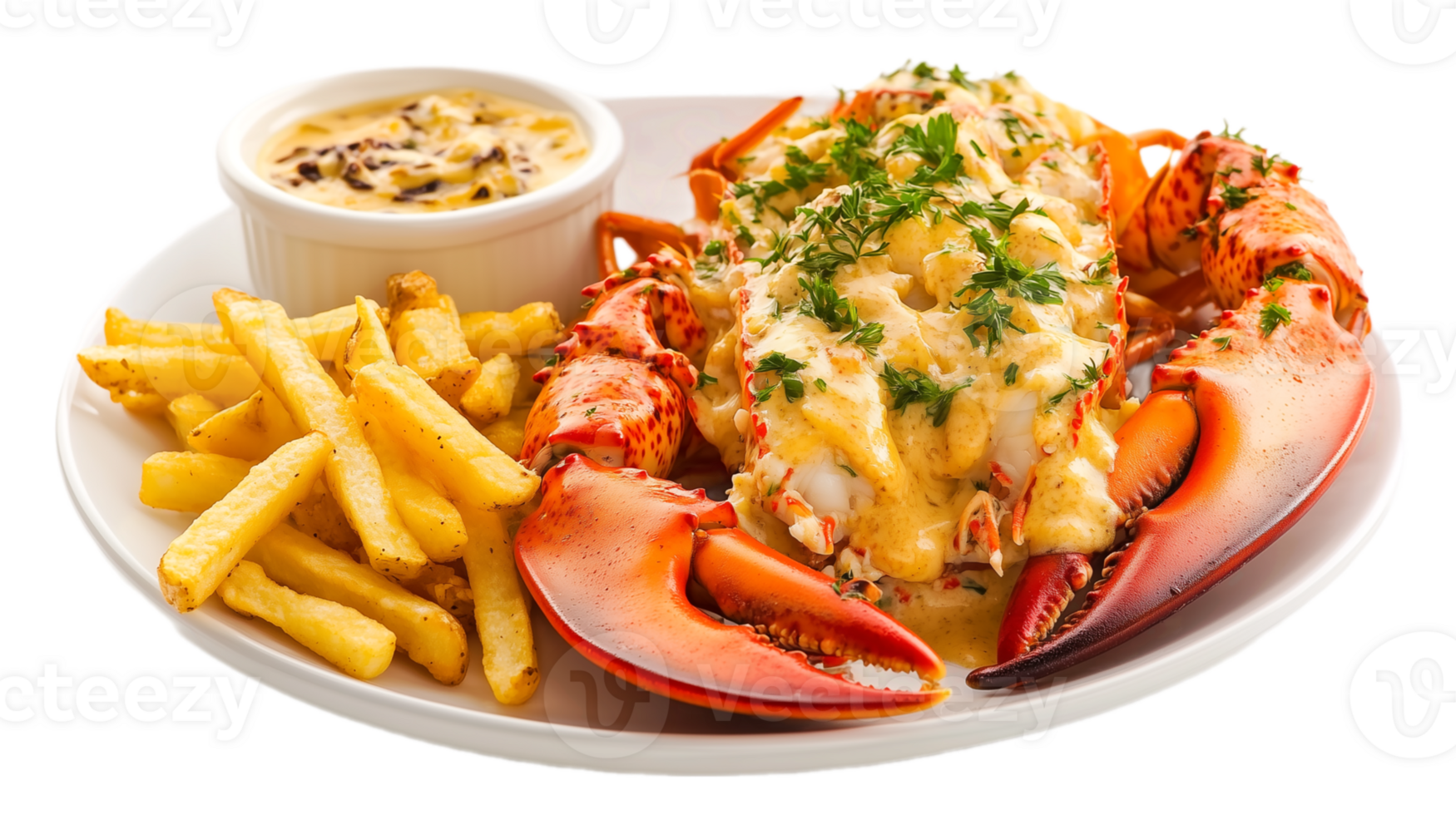 Lobster steak with French fries and sauce isolated on transparent background png