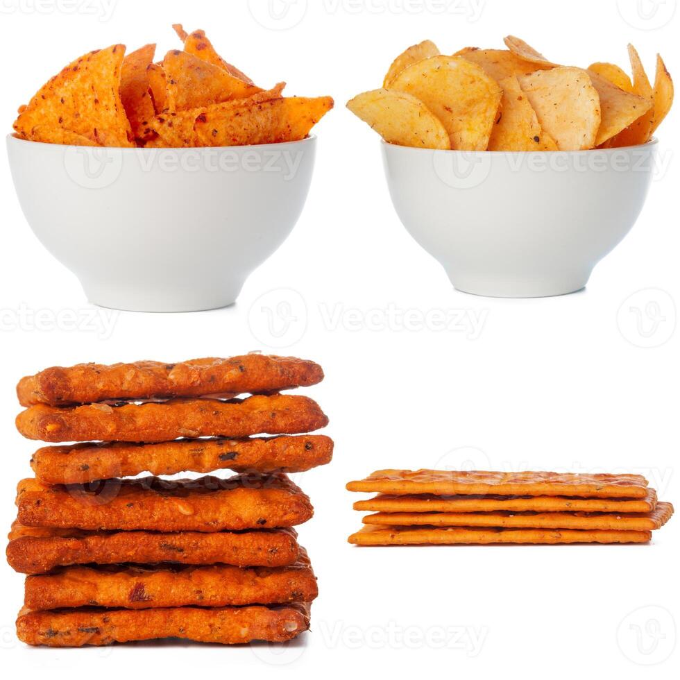 Salty snacks isolated on white background collage photo