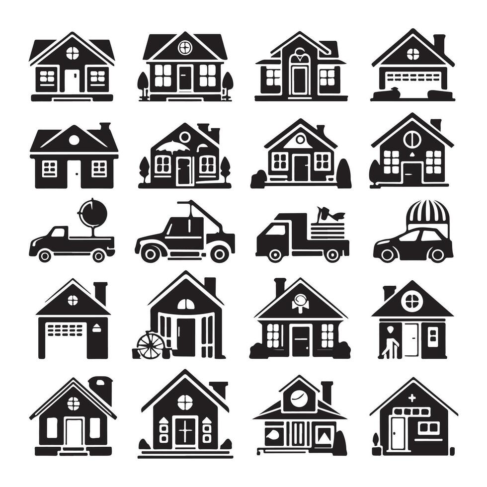 House symbol. Set of real estate objects and houses silhouette on white background vector