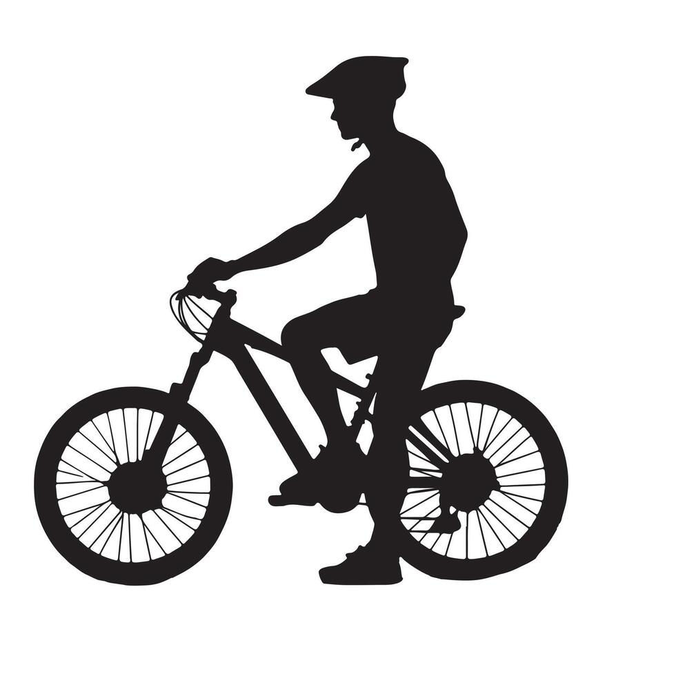 Silhouette of a bicycle with its rider standing beside it on a white background vector
