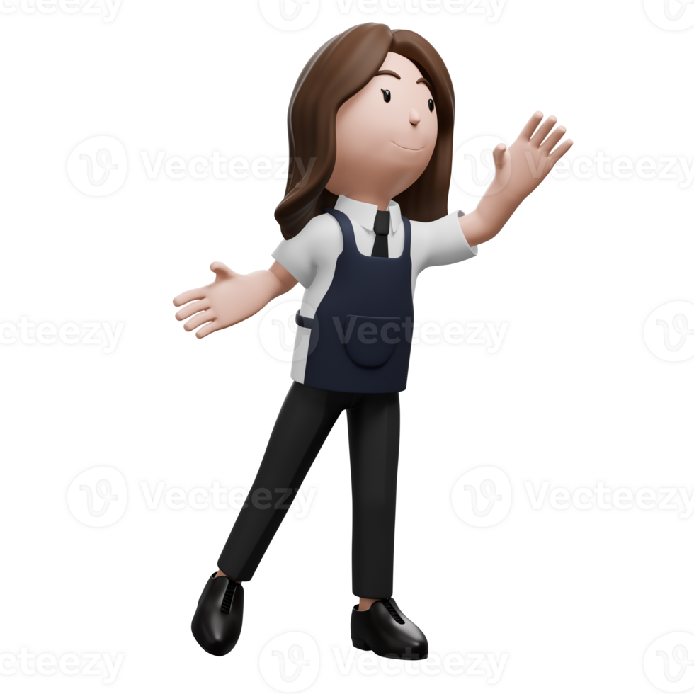 Store employee happily waving, welcoming customers or colleagues. png