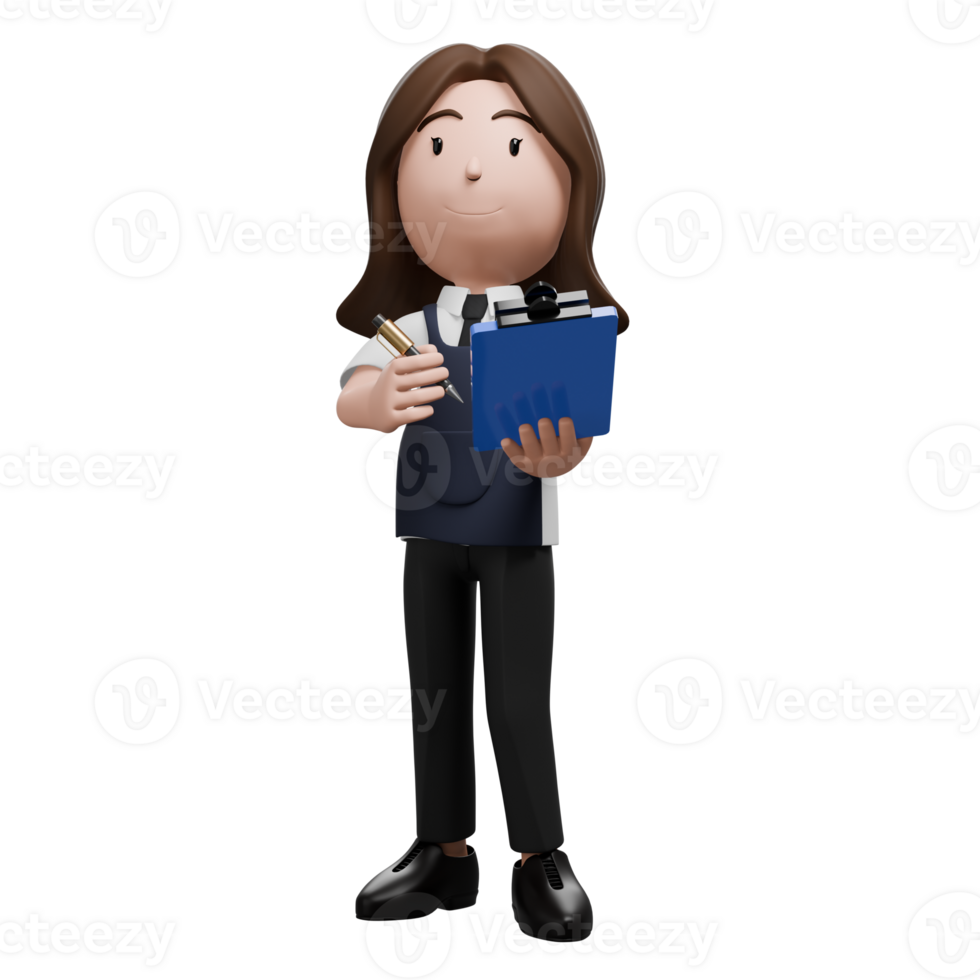Store clerk holding clipboard, pen in hand, reviewing work. png