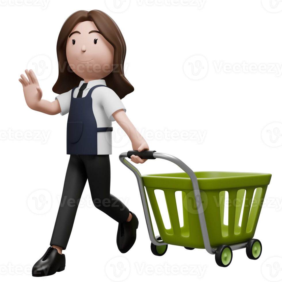Store employee pushing a green cart, working in retail logistics. png