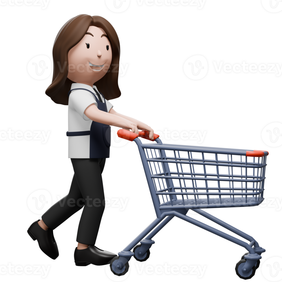 Smiling store employee pushing a shopping cart, ready for service. png
