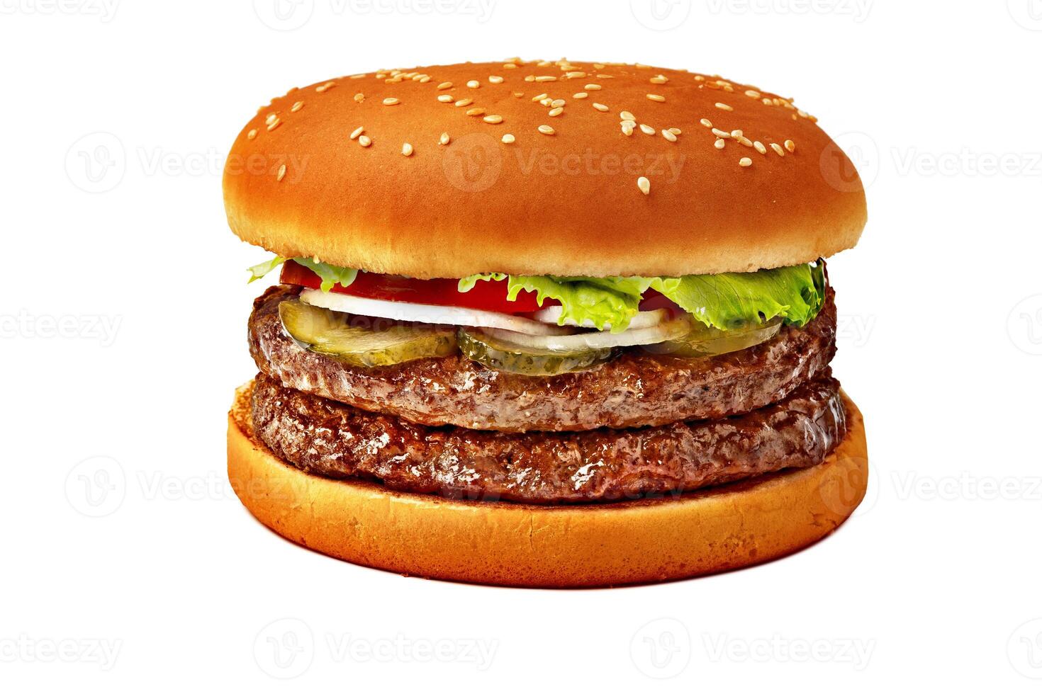 Fresh burger with beef patty isolated on white background photo