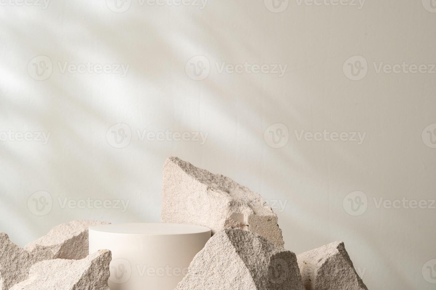A minimalistic display featuring a smooth white cylinder surrounded by rough gray stone fragments photo