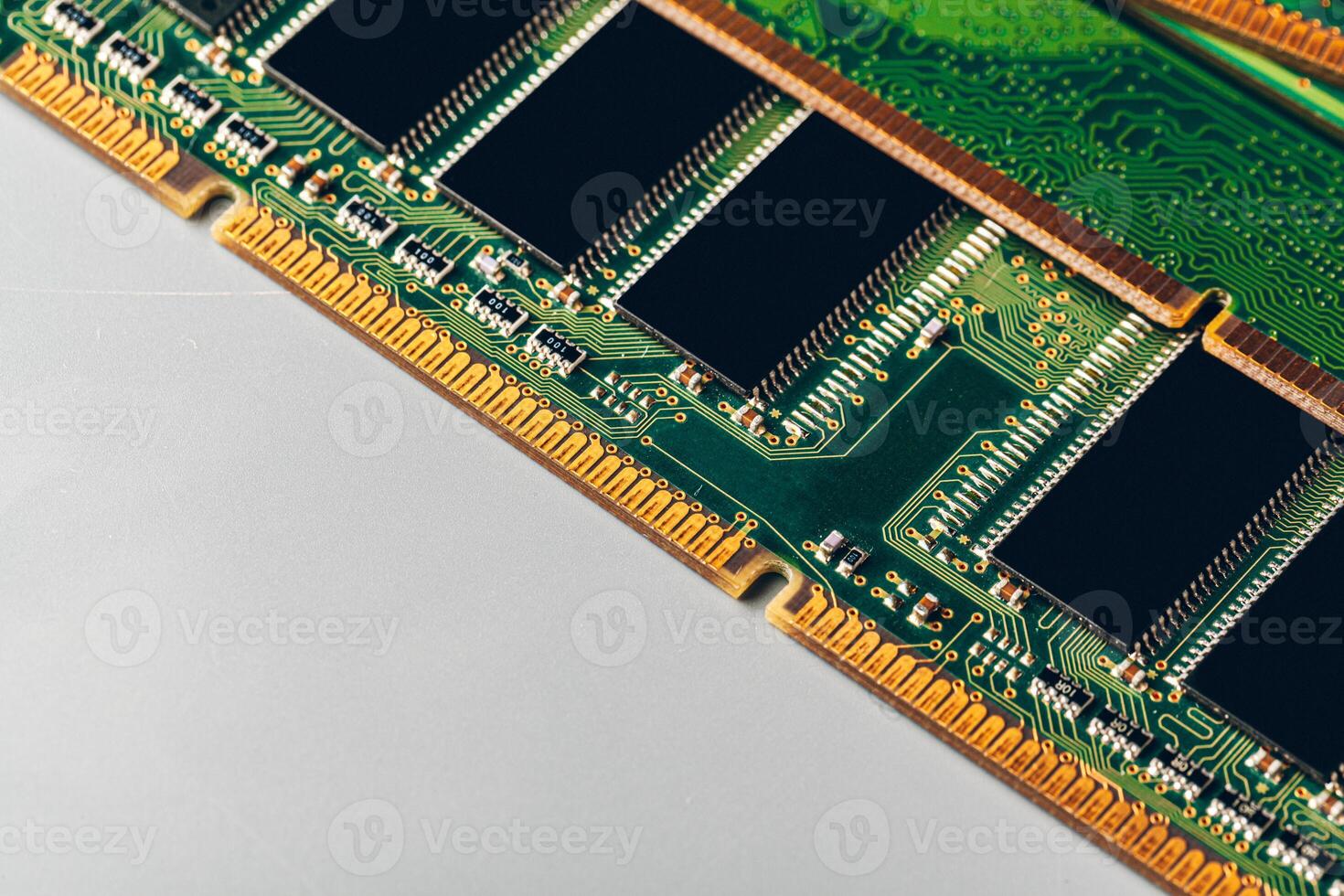 Green circuit board of a computer close up photo