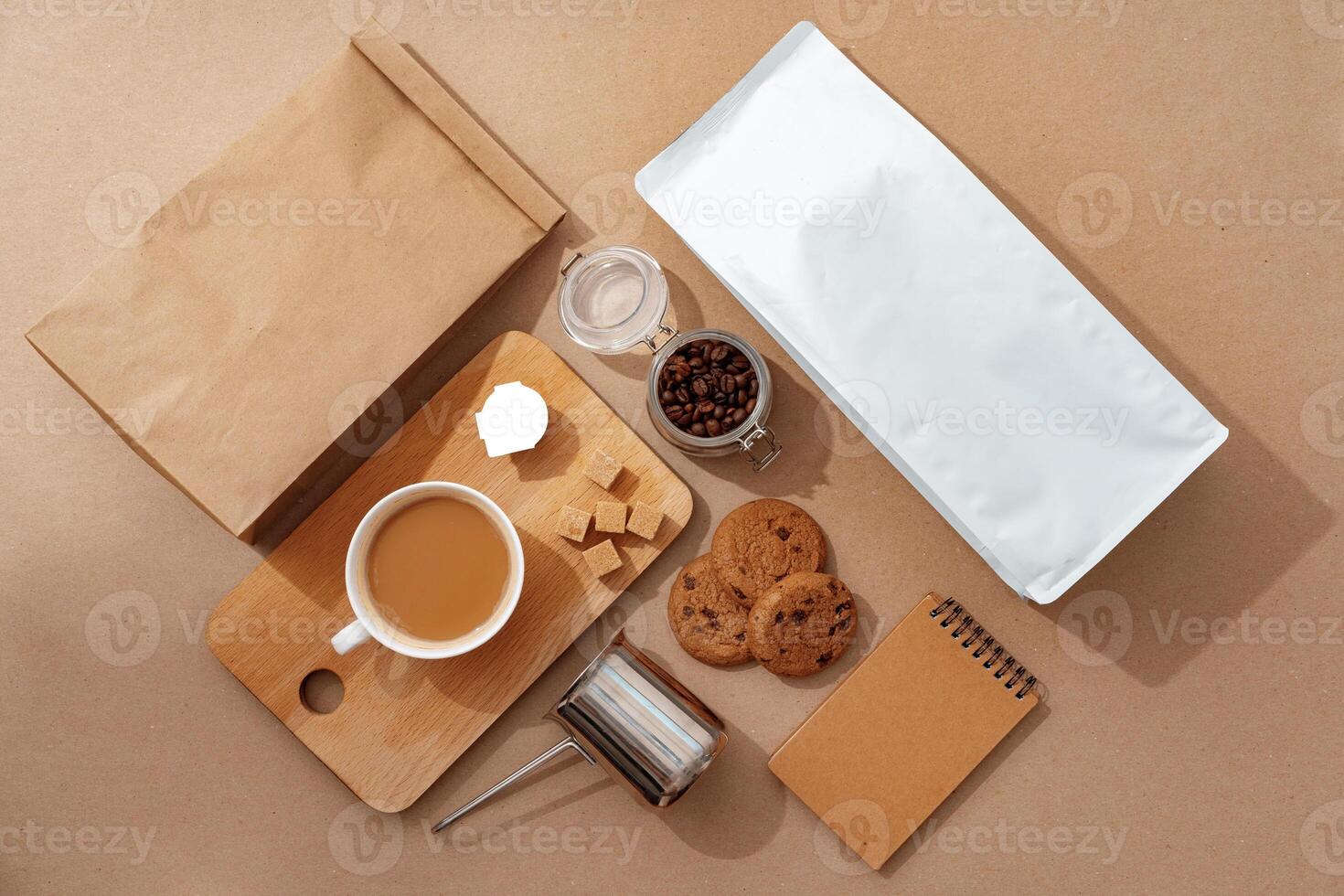 Coffee identity branding mockup set top view flat lay photo