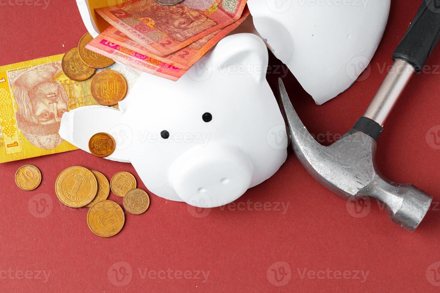 Broken piggy bank with ukrainian money notes and coins. Decline in living standards concept photo