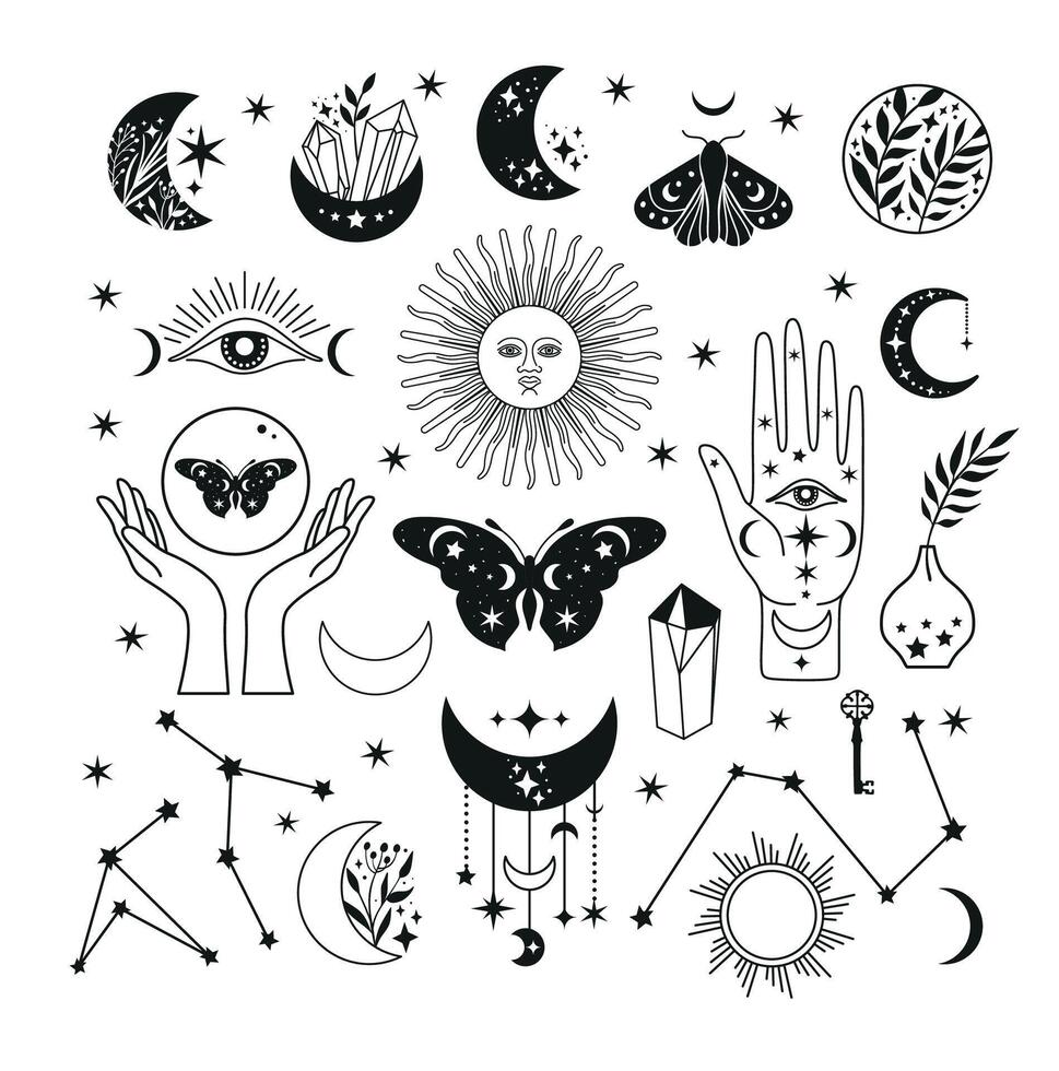 Mystical moon set icons phases and woman hands and moth, alchemy esoteric magic space, black isolated on white background vector