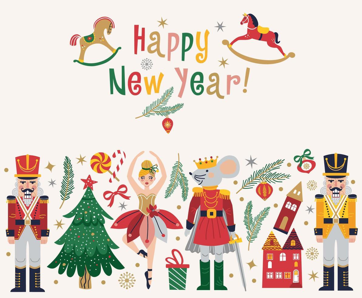 Merry Christmas, New Year set with Ballerina, Mouse King and Nutcracker. Christmas card three and toys vector