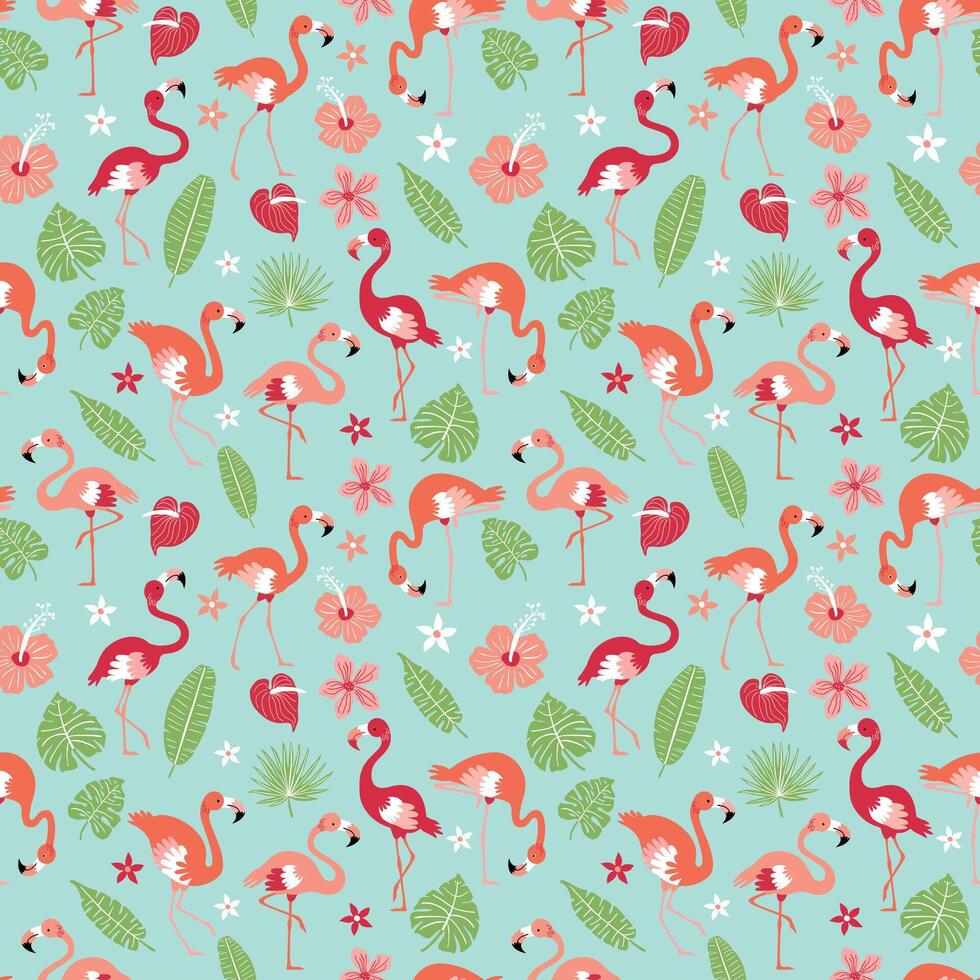 Pattern with pink flamingos and tropical leaves on a blue background. Pink flamingo in flat style. Seamless pattern for textile, wrapping paper, background. vector