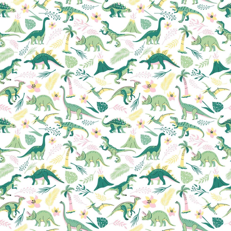 Seamless pattern with bright dinosaurs and green plants including T-rex, Brontosaurus, Triceratops, Velociraptor, Pteranodon, Allosaurus, etc. Isolated on white vector