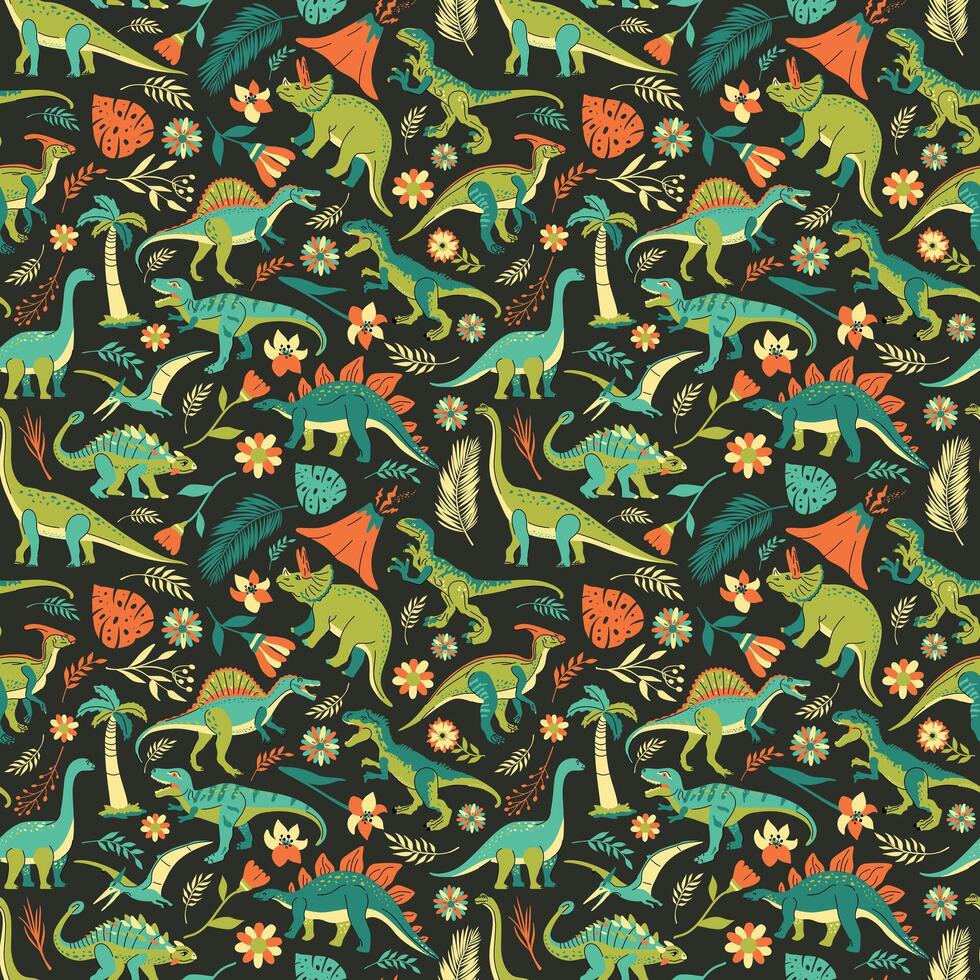 Seamless pattern with bright dinosaurs and green plants including T-rex, Brontosaurus, Triceratops, Velociraptor, Pteranodon, Allosaurus, etc. Isolated on dark background vector