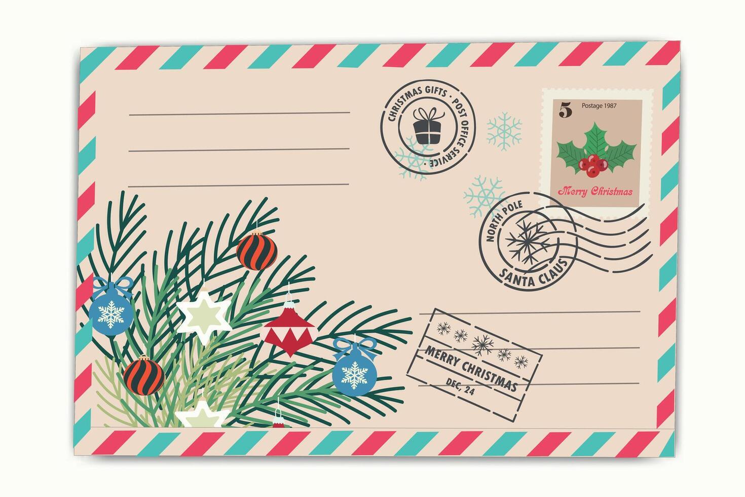 Vintage Christmas postcard template with pine branch, ornament, and holiday stamp. Merry Christmas card. Winter Holiday Vintage Greeting Card. vector
