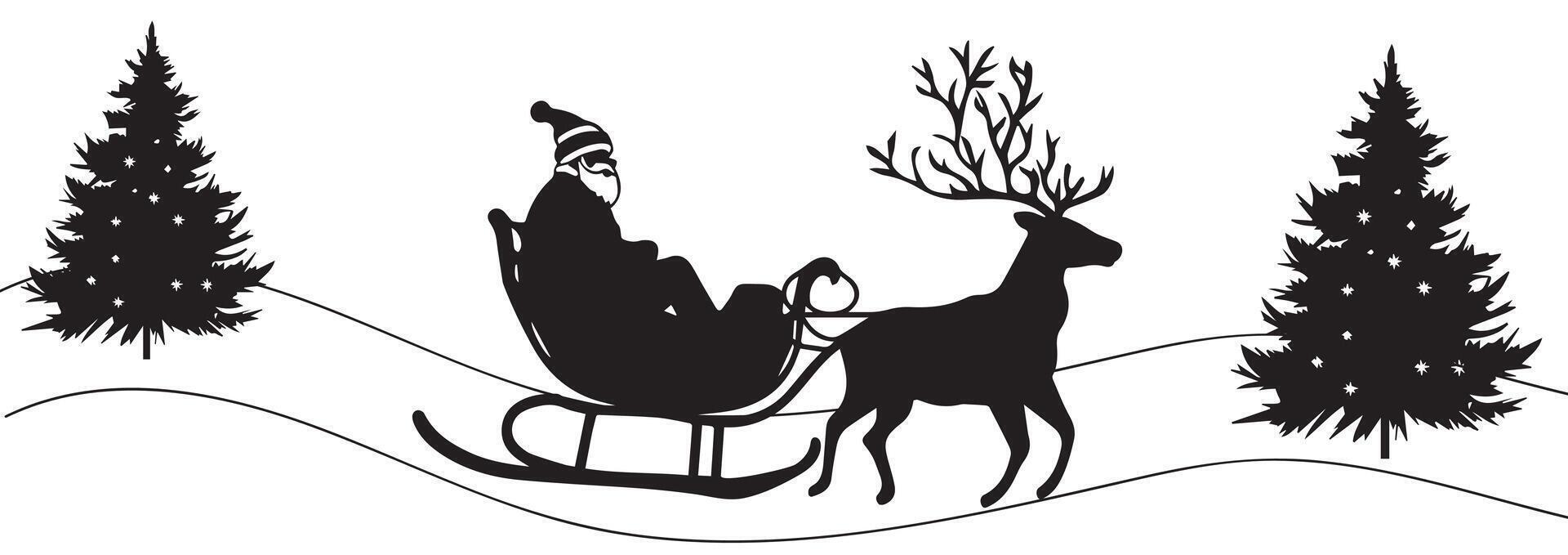 Silhouette of Santa Claus riding a sleigh pulled by a reindeer silhouette with pine trees in the background. Holiday Season Symbol. Christmas, XMas illustration vector