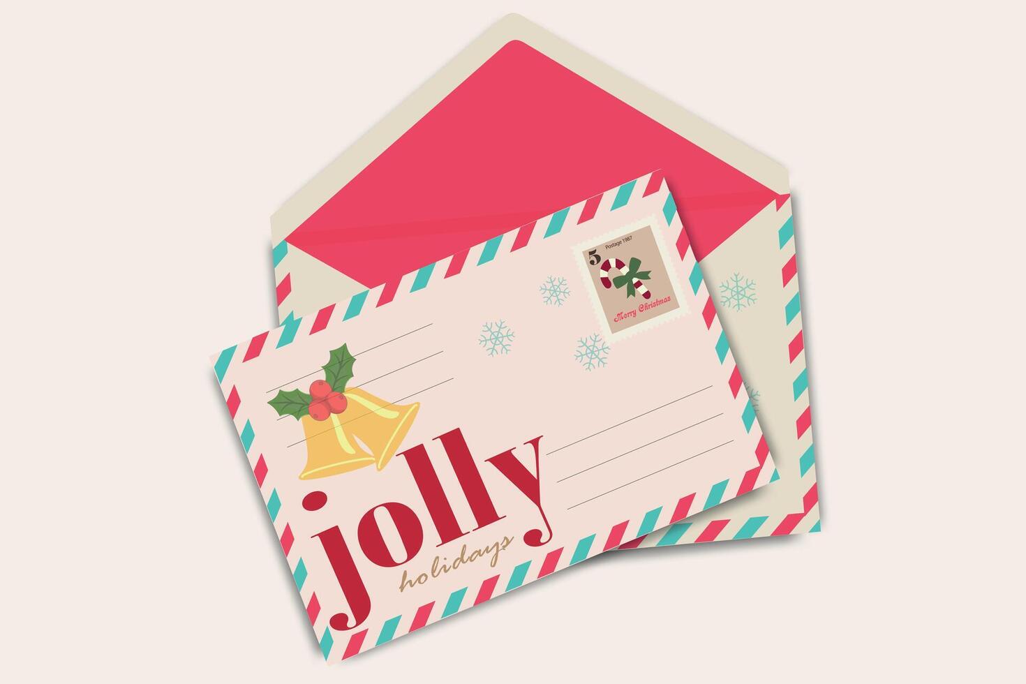 Christmas envelope and greeting card with Christmas bell, holly leaves and holiday stamp on colorful background. Minimal art template winter holiday design. vector