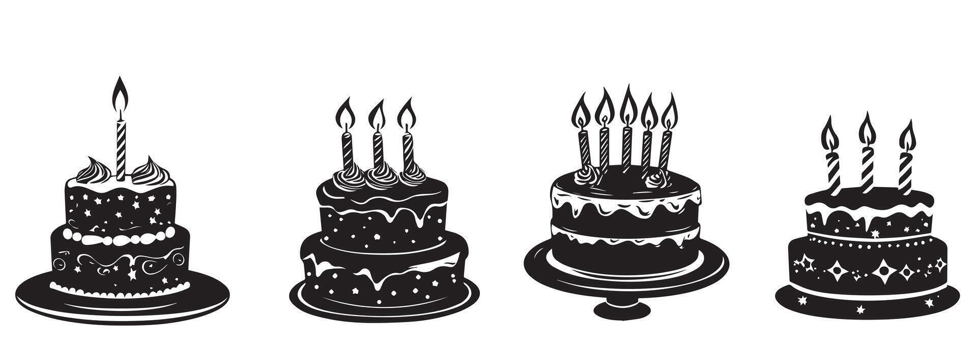 Silhouette set of birthday cakes with candles. Cakes icon set, desserts, cupcakes symbols, sweets sign, bakery design elements, bakery pastry, biscuits vector