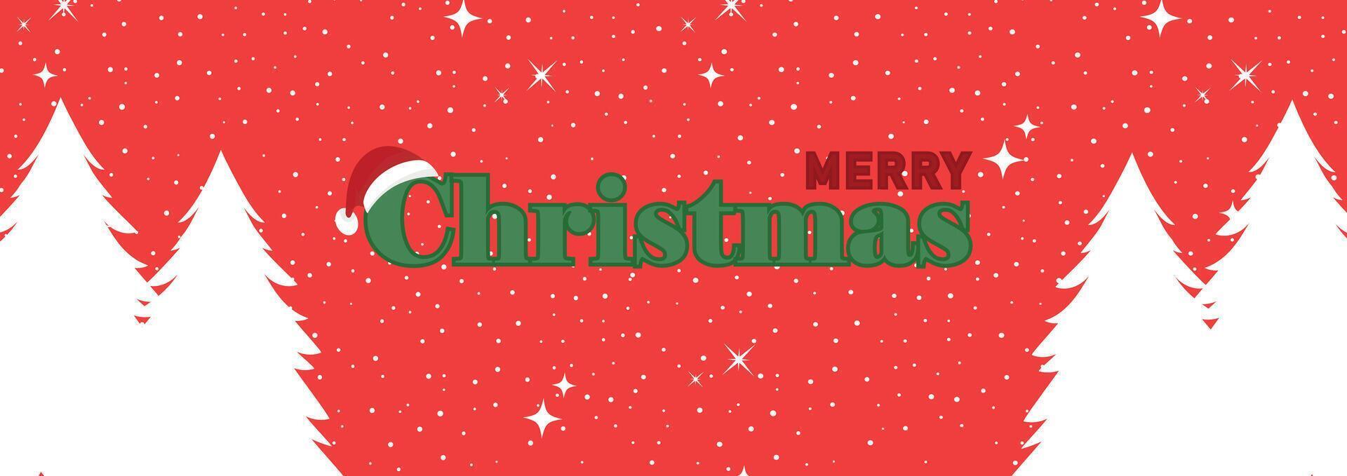Merry Christmas horizontal greeting card or web banner with red snowy background and white tree silhouettes for holiday celebration. Minimal art template for banner, poster, holiday cover vector