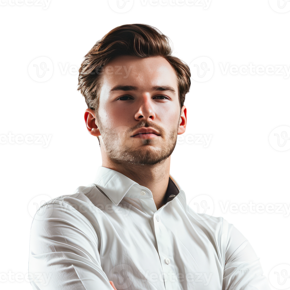 Handsome young man with confident expression, in white shirt with isolated on transparent background cut out png