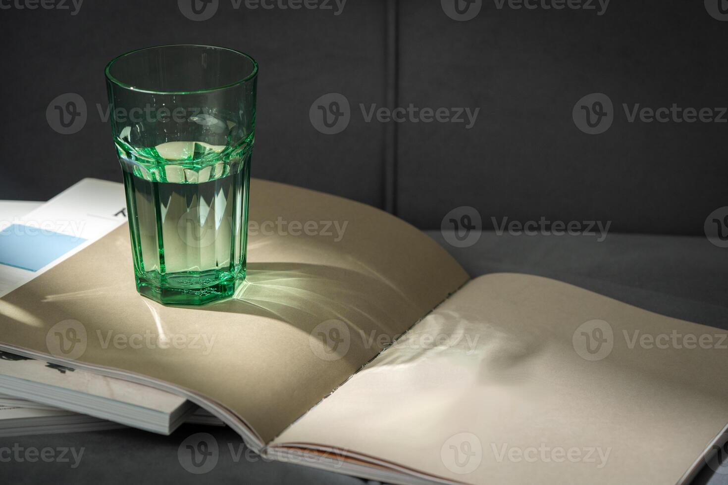 Glass of Water on Open Magazines Resting on a Couch photo