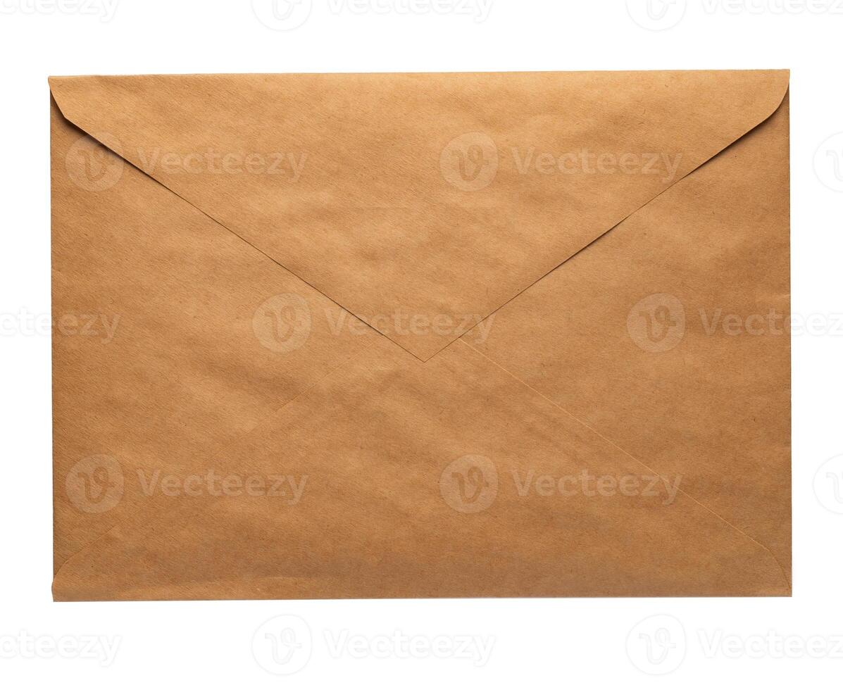 Recycled craft paper envelope isolated white background photo
