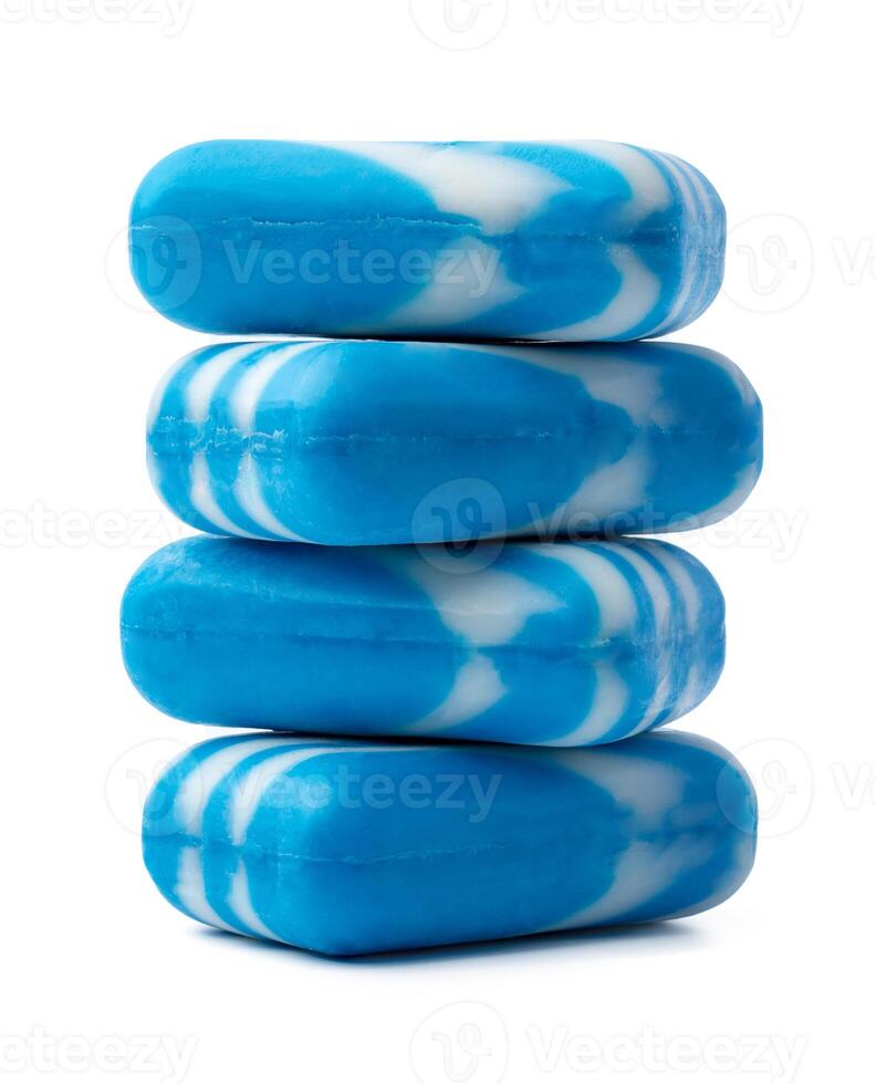 Stacked blue soap bars isolated on white background photo