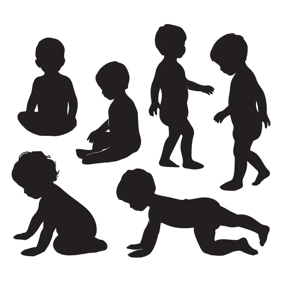 baby and toddler silhouette isolated on white background. Sitting, crawling and standing silhouette on a white background vector
